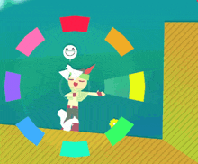 a cartoon character with a sword is surrounded by colorful circles