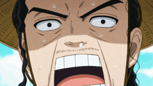 a close up of a cartoon character 's face with sweat coming out of his eyes