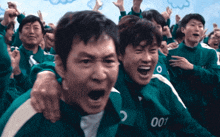 a group of men wearing green jackets with the number 001 on it