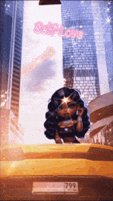 a cartoon of a woman in a car with the words self love written above her
