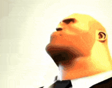 a close up of a bald man 's face with his mouth open