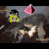 a video game screen shows a girl and a pyramid