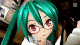 a girl with green hair and red eyes is wearing glasses in a video game