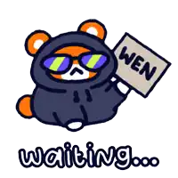 a cartoon bear wearing sunglasses is holding a sign that says wen