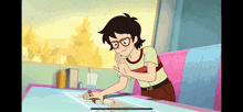 a cartoon character is sitting at a table with a map on it