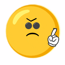 a yellow smiley face with an angry expression and a hand pointing at it