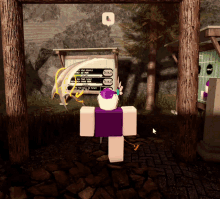 a person in a purple shirt is standing in front of a sign that says ' do not enter '