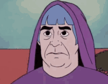 a cartoon of a man with a purple hood on his head .