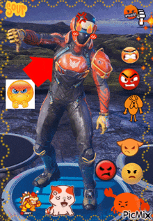 a picture of a video game character with emojis around him and the words picmix at the top