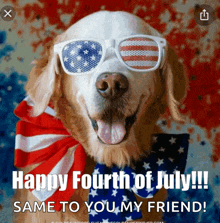 a picture of a dog wearing sunglasses and a scarf that says happy fourth of july