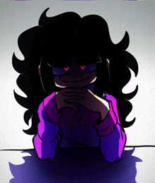 a drawing of a girl with red eyes and a purple sweater