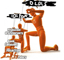 a group of orange puppets are being controlled by a man kneeling down .