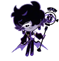 a cartoon character is holding a purple wand and a purple flower .