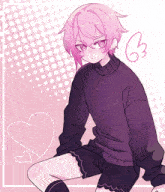 a girl with pink hair is wearing a purple sweater with a heart on it
