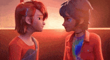 two cartoon characters are looking at each other in a close up of their faces .