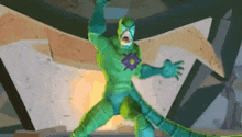 a green and blue superhero is standing in front of a wall with his arms outstretched .