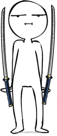 a drawing of a person holding two swords with a lightning background