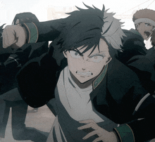 a group of anime characters one of whom has a tattoo on his forehead that says ' i 'm sorry '