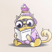 a cartoon cat is reading a whitepaper with a bird on its head