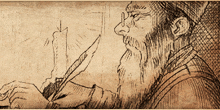a drawing of a man with a beard writing with a quill pen