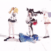 three anime girls are standing around a girl laying on the ground