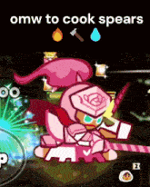 a cartoon character with the words omw to cook spears