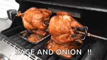 two turkeys are being cooked on a grill and the words sage and onion are above them