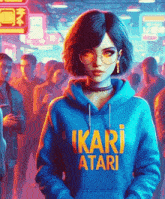 a girl in a blue hoodie that says kari atari