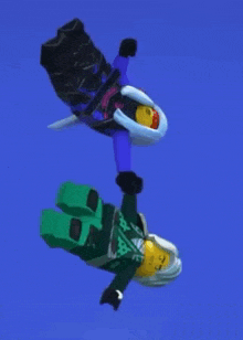 a ninjago character is flying through the air with a blue background