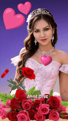 a woman in a white dress is surrounded by red roses and hearts
