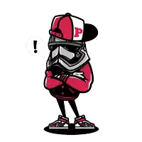 a storm trooper wearing a red and white hat with the letter p on it