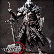 a statue of a man with a wolf head holding a sword with museumbola written below it