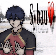 a drawing of a boy in a red and black shirt with sybau in the background