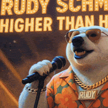 a polar bear singing into a microphone in front of a sign that says rudy scam