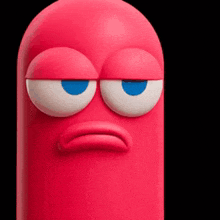 a red cartoon character with big blue eyes and a sad face