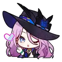 a girl with long purple hair wearing a black hat and holding a heart in her hand
