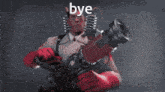 a man holding a cannon with the word bye written on it