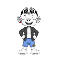 a cartoon character wearing a jacket and shorts with the word zhou on the side
