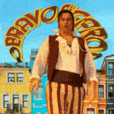 a man stands in front of a sign that says " bravo "