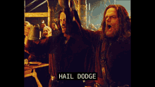 a man holding a mug with hail dodge written on the bottom