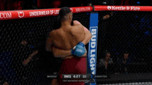 two men are fighting in a cage with a bud light sign in the background