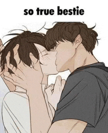 a man and a woman are kissing with the words `` so true bestie '' written above them .