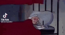 a cartoon character with purple eyes is writing on a piece of paper with a pen .