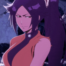 a girl with purple hair and a ponytail looks at the camera