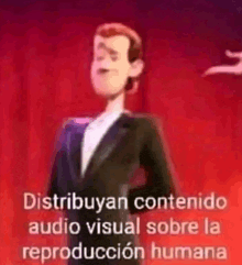 a cartoon man in a suit is standing in front of a red background with spanish text .