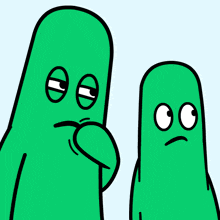 a cartoon of two green ghosts with sad faces