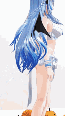 a woman with long blue hair and wings is standing next to pumpkins