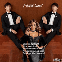 a woman in a black dress is surrounded by two men in tuxedos and the caption says noapte buna