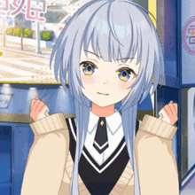 a girl with long white hair is standing in front of a sign that says ' cafe ' on it