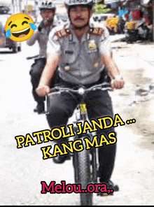 a man in a police uniform is riding a bike with the words " patroli jada kang mas " on the bottom